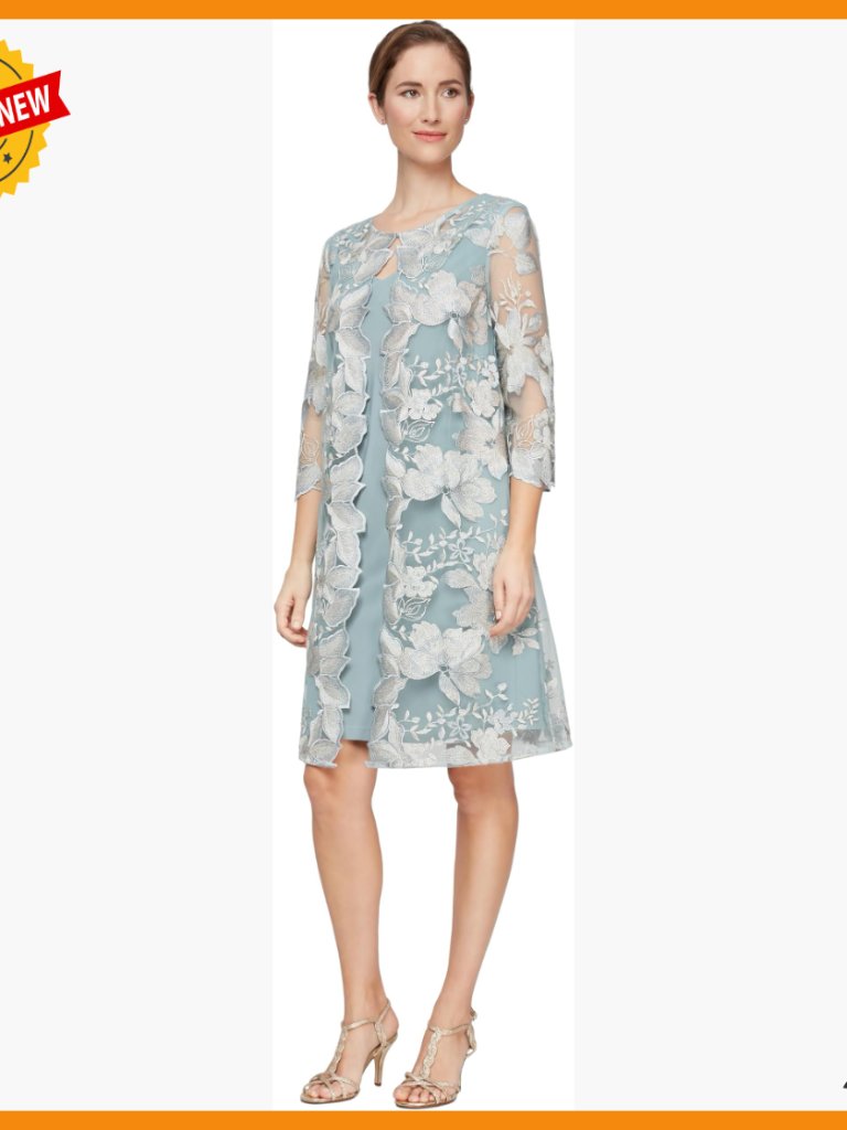 Midi Scoop Neck Shift Dress With Mock Jacket, Sequins, Formal Wear